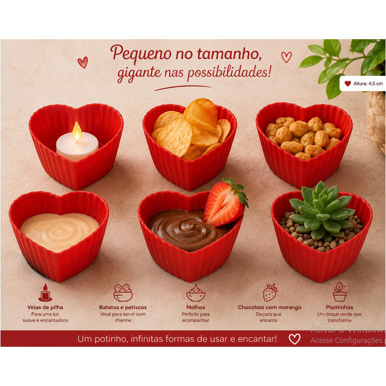 Kit 100 Potinhos Coração Plástico Mini Petisqueira Cachepot Vasinho Festa