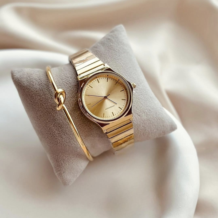 2 Peças Conjunto com Relógio Dourado de Aço inoxidável e Bracelete Nó Acessórios Femininos Relogio