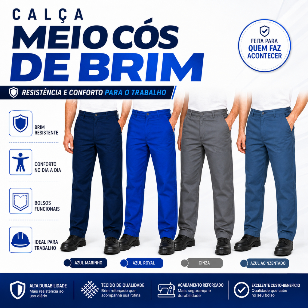 Calça De Brim 1/2 Elástico Uniforme Profissional Para Trabalho Obra Pintor Construção Civil