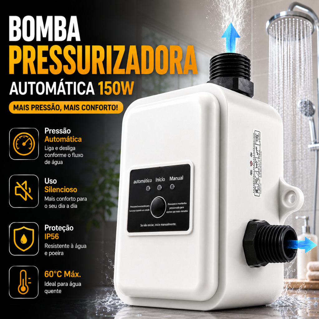 Bomba Pressurizadora Automática 150w para Chuveiro e Torneira Solução para Baixa Pressão de Água Instalação Fácil