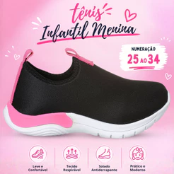 Tênis Infantil Feminino Menina Calce Fácil Super Leve Escolar Preto/Pink