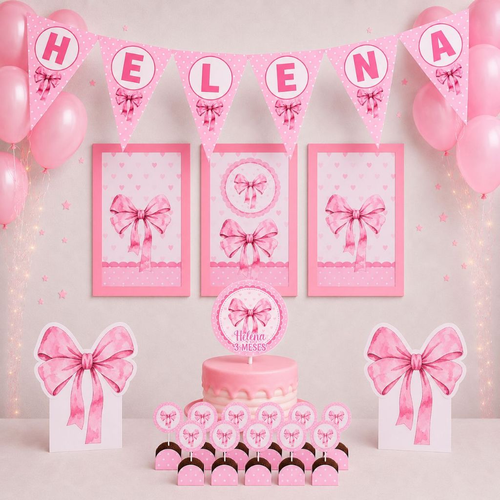 ENVIO RÁPIDO Kit festa Laços Rosa - Coquete| Personalizado Bolinho Aniversário 70 itens Lembrancinha