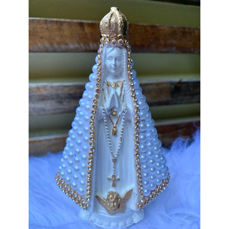 Imagem Nossa Senhora Aparecida Branco Perolado com strass dourado 15cm