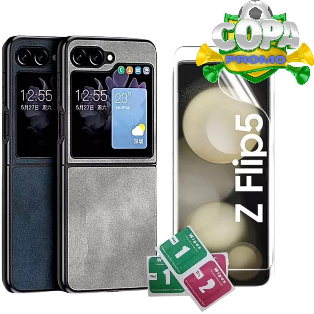Capinha Capa Case Para Samsung Galaxy Z Flip 5 Couro Premiun + Película de Tela Hidrogel