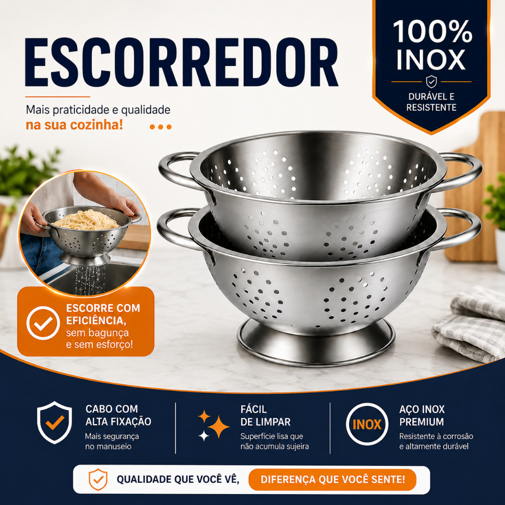 Escorredor Kit 2 Inox Cozinha Profissional Macarrão Massa Arroz Restaurante Alta Resistência