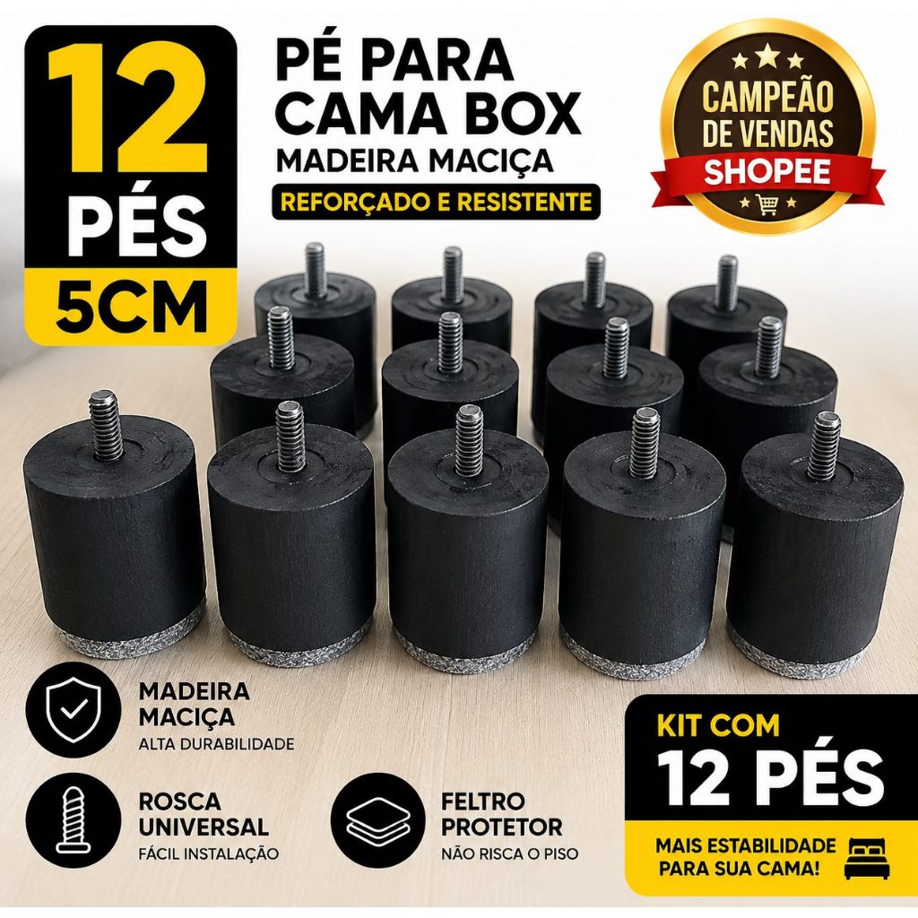 12 Pés Cama Box 5cm Madeira Maciça Reforçado Com Feltro 1500 Kg.