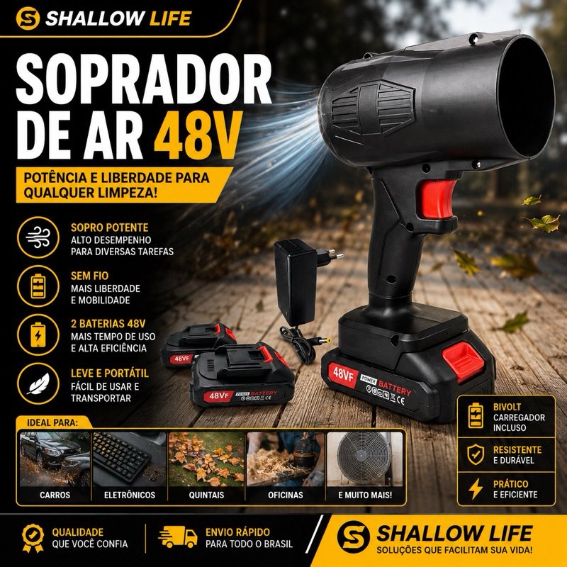 Soprador de Ar Sem Fio 48V Recarregável Portátil com 2 Baterias e Carregador