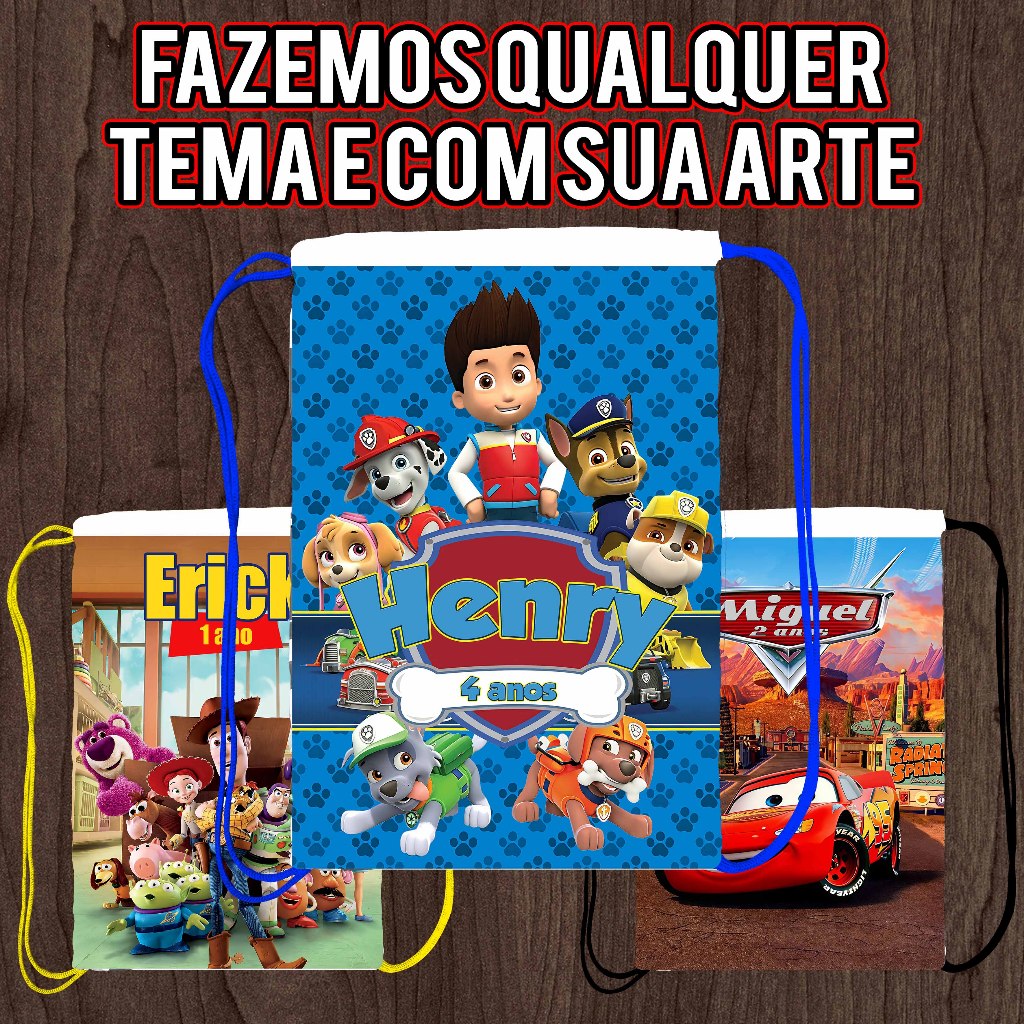 Mochilinha Sacolinha Personalizada para Festa Infantil Tecido Tactel Qualquer Tema Patrulha Canina Toy Story Mickey