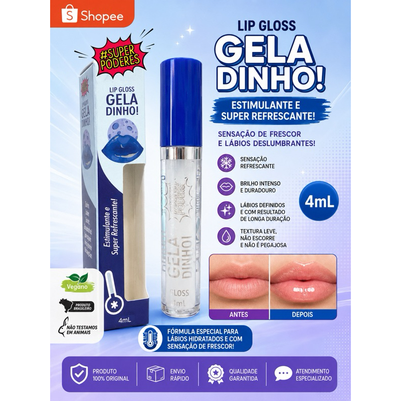LIP GLOSS GELADINHO - ESTIMULANTE E SUPER REFRESCANTE SUPER PODERES