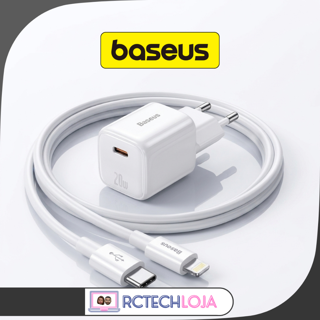Kit Carregador Turbo 20W Baseus USB-C + Cabo iPhone 14 13 12 11 SE Fast Charge PD3.0 Original