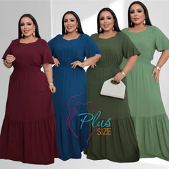 Vestido Longo Feminino Viscolinho Moda Evangelica Gola Princesa com Lastex no cós