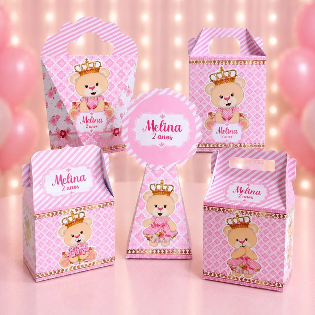 Kit Caixas Personalizadas Ursinha Princesa Realeza -Lembrancinhas para Aniversário/ Chá de Bebê-caixinhas personalizadas