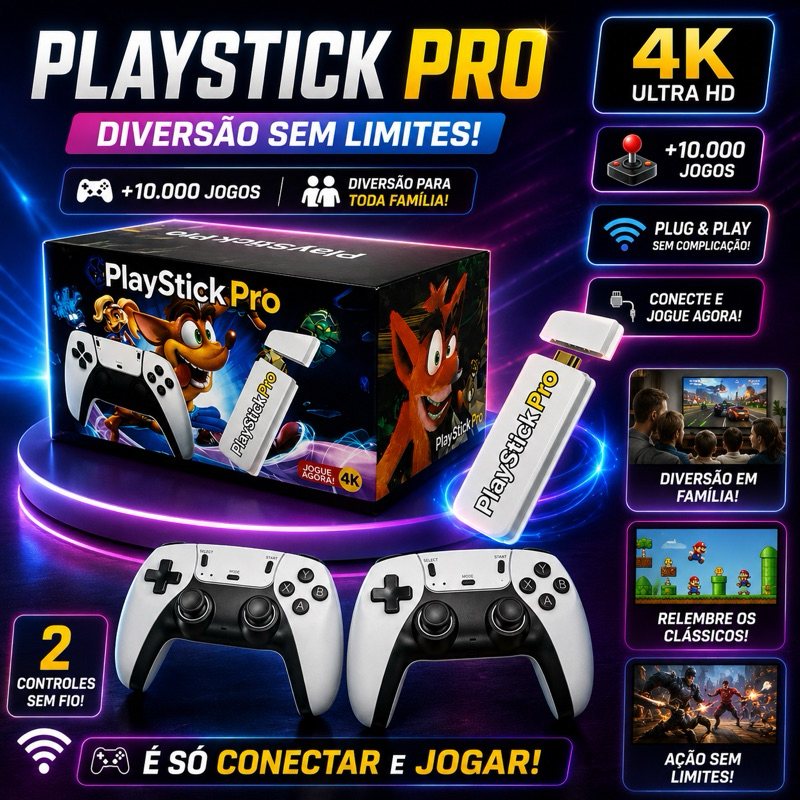PlayStick Pro 4K Game Stick + 2 Controles Sem Fio | +30 Mil Jogos Retrô | PS1, SNES, Mega Drive e Arcade | l