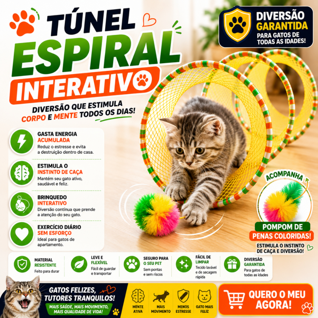Túnel Interativo Para Gatos Com Ratinho e Pena | Brinquedo Gatificação