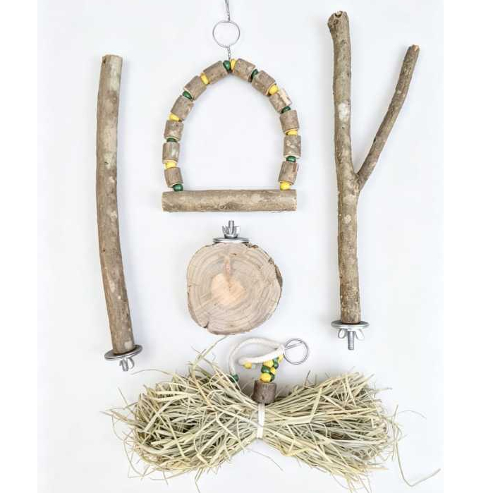 Kit C/5 Podutos: 2 Poleiros/1 Pendulo/1 Poleiro Bolacha/1 Balanço - Madeira 100% Natural - Passaros