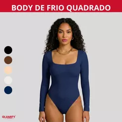 Body Feminino Manga Longa Decote Quadrado Básico Elegante Forro Duplo Moda Casual Suplex