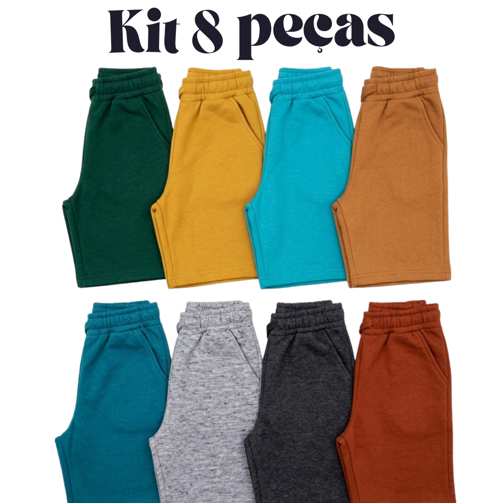 KIT 8 short moletom Infantil E Juvenil Masculino Com Elástico Escola Brincar leve duravel 01 á 16 Algodão Cores Sortida