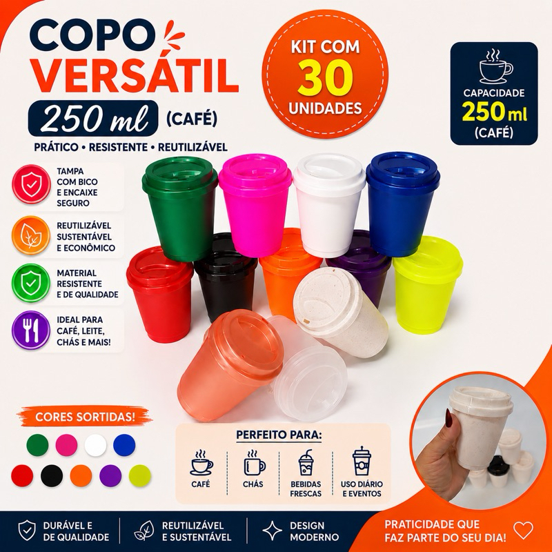 kit 30 unidades copo café com tampa 250ml (versátil flexível)