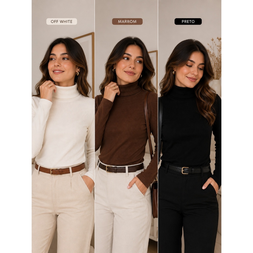 Kit 3 Blusa Gola Alta Feminina Canelada Manga Longa Inverno Básica Ajustada Confortável Frio