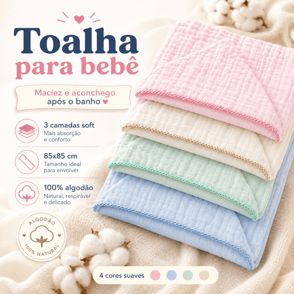 Toalha de Banho Bebê 3 Camadas Soft Recém-Nascido 85x85cm 100% Algodão