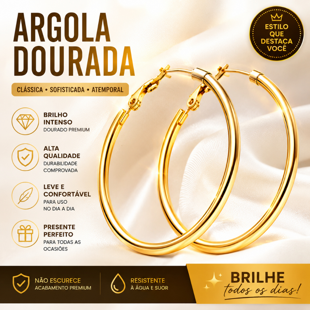 Brinco Feminino Argola Aço Inoxidável Dourado Antialérgico Leve Confortável