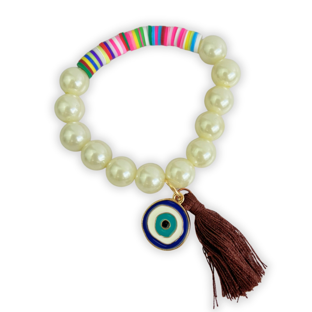 Pulseira Pérolas Elegance com Olho Grego e Fimos Coloridos
