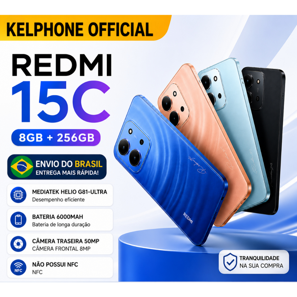 Xiaomi Redmi 15C 4G Original 8+256GB Helio G81-Ultra Câmera 50MP Tela 120Hz Bateria 6000mAh IP64