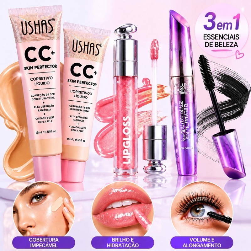Kit de Beleza 3 em 1 - Cílios Volumosos, Brilho Labial e CC+ Creme para Pele Perfeita