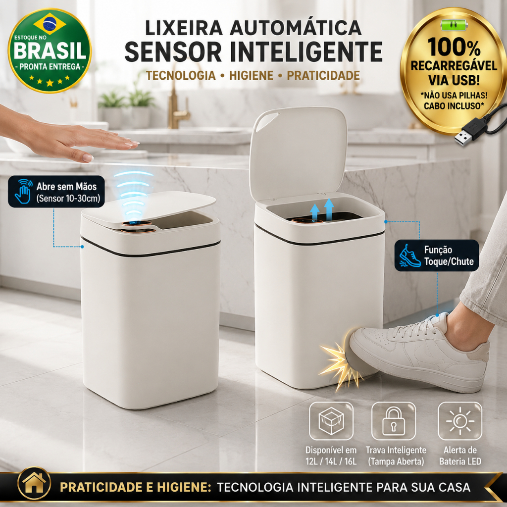 Lixeira Inteligente Automática Sensor Cozinha Banheiro Cesto Lixo Recarregável Tampa Toque Luxo