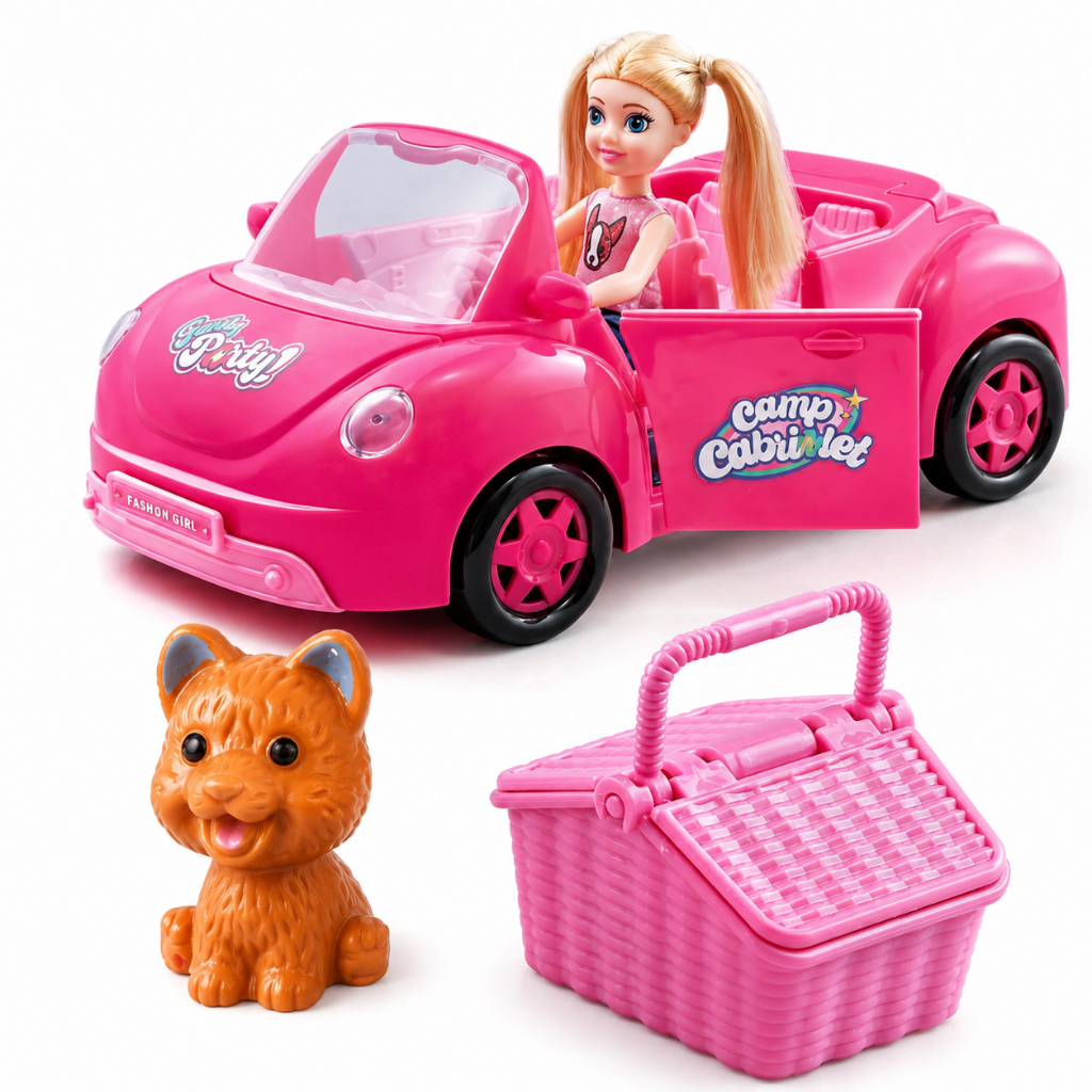 Carrinho Conversível Infantil Rosa Com Boneca Pet e Cestinha Brinquedo