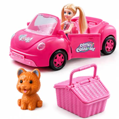 Carrinho Conversível Infantil Rosa Com Boneca Pet e Cestinha Brinquedo