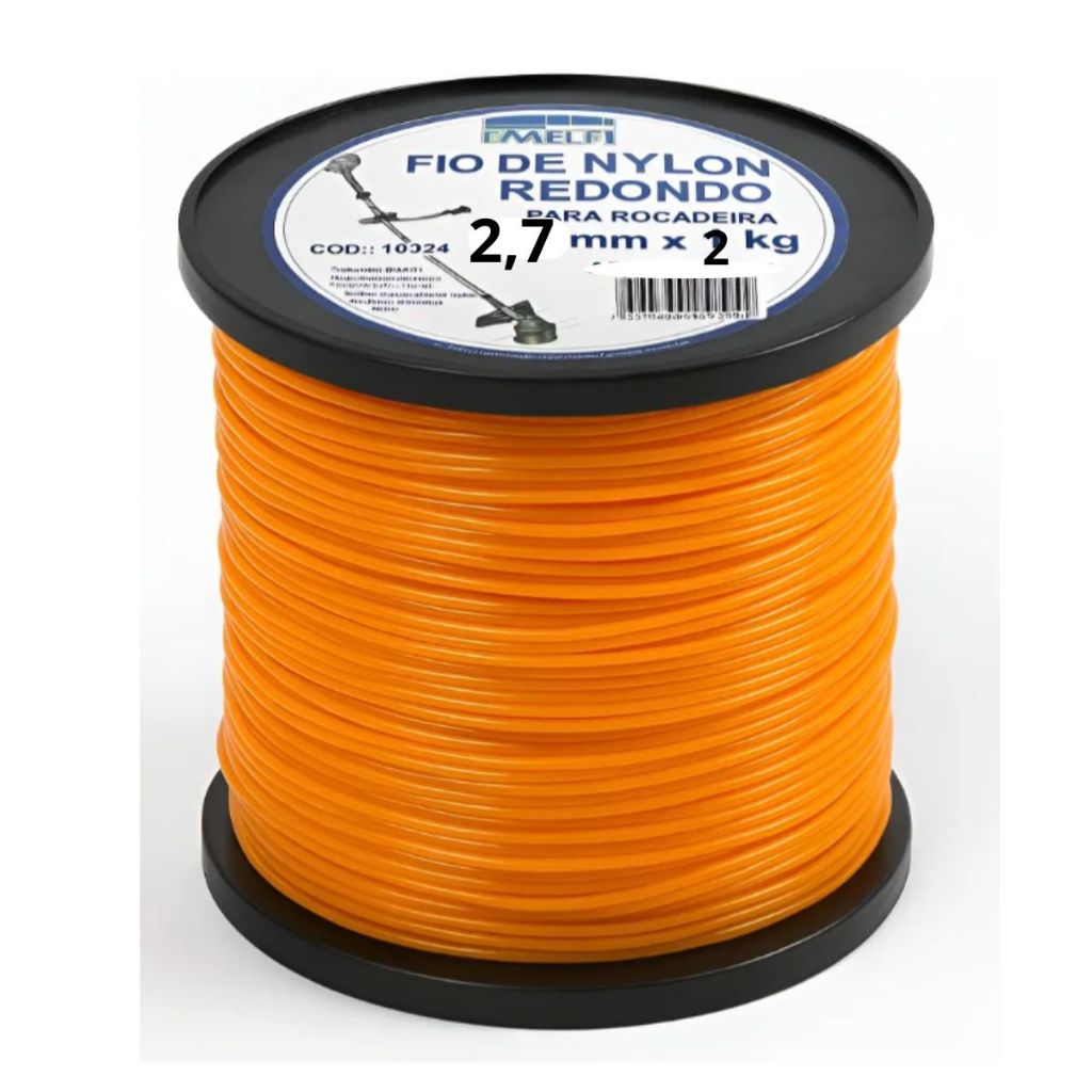 Rolo Fio De Nylon Roçadeira Aparador 2Kg 2,7mm Laranja Redondo