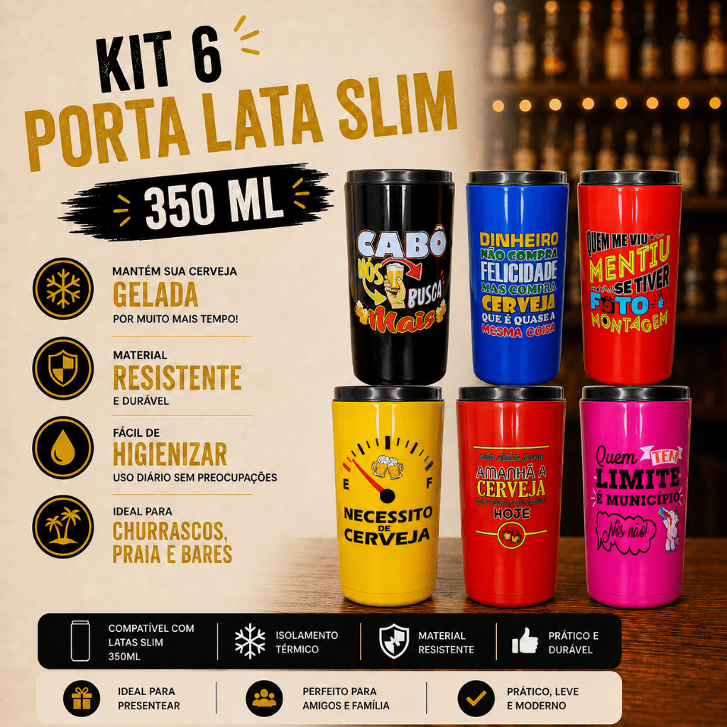 Porta Lata Sleek 350ml Lata Fina Suporte Cerveja Slim Térmico C/6