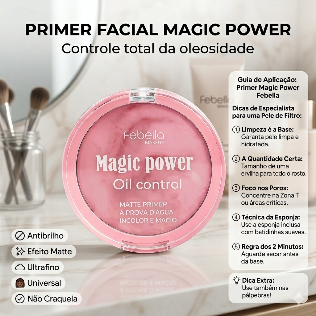 Facial Magic Power Febella À Prova D'água Matte Oil Control Minimiza Poros Com Esponja 20ml