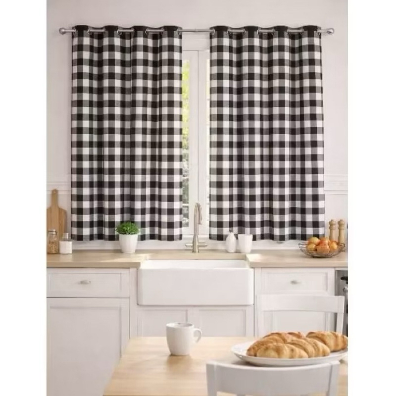 Cortina para Cozinha 2,00x1,40 Tecido Oxford Xadrez com Ilhós