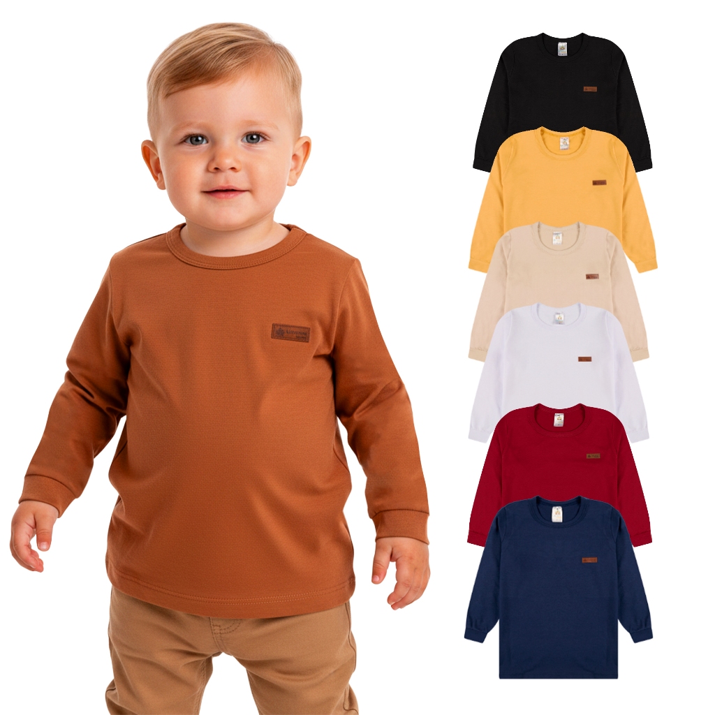 Kit 6 Camisetas Manga Longa Infantil Bebê Menino Básica Lisa  Estilo Básico e Casual 100% Algodão