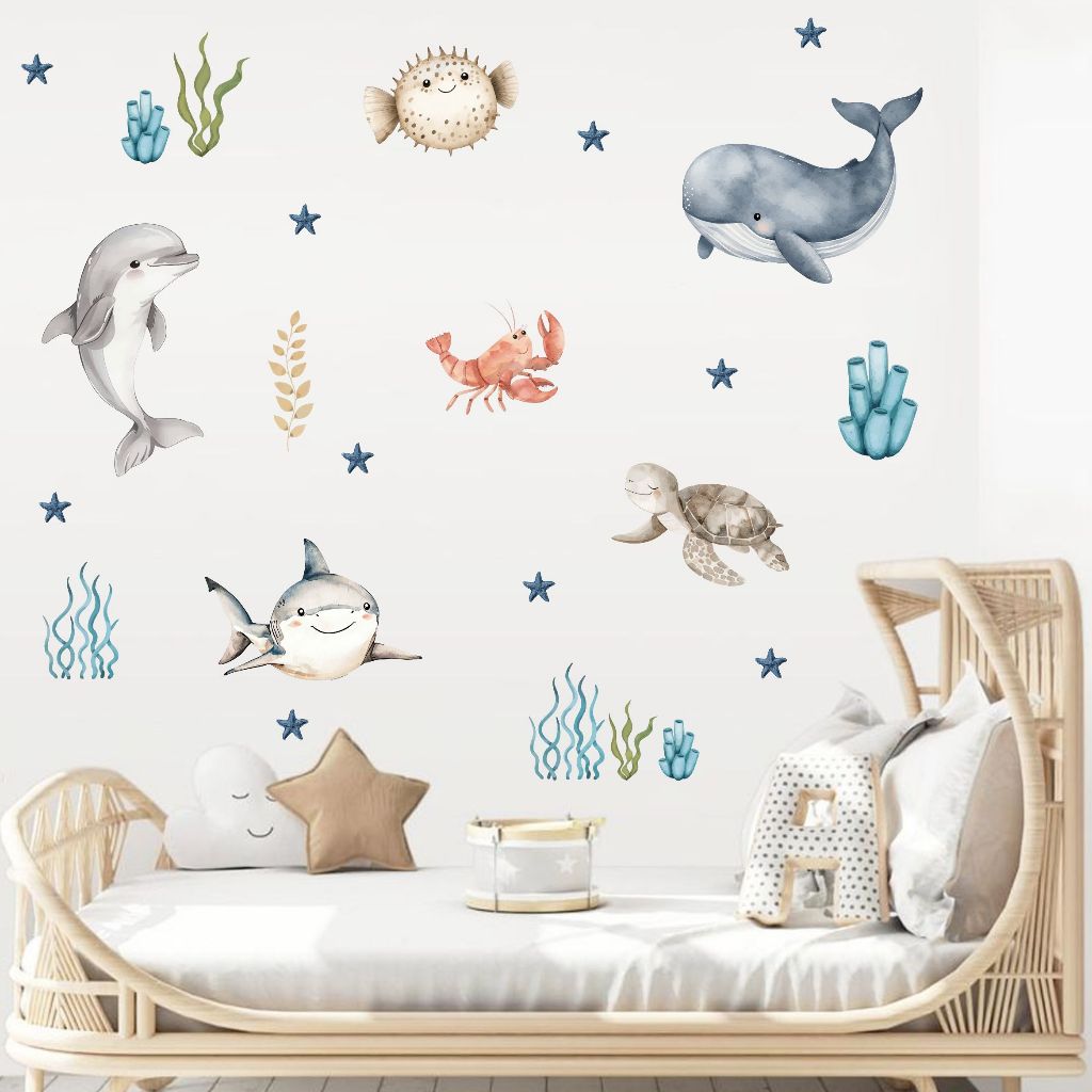adesivo de parede fundo do mar tubarões tartaruga decoração aquarela algas marinhas