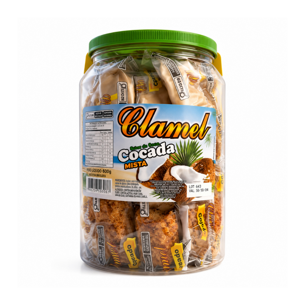 Cocada Mista Clamel Sabor Coco Pote 1,02g Com Unidades Embaladas Individualmente Branca E Queimada 20UN no pote