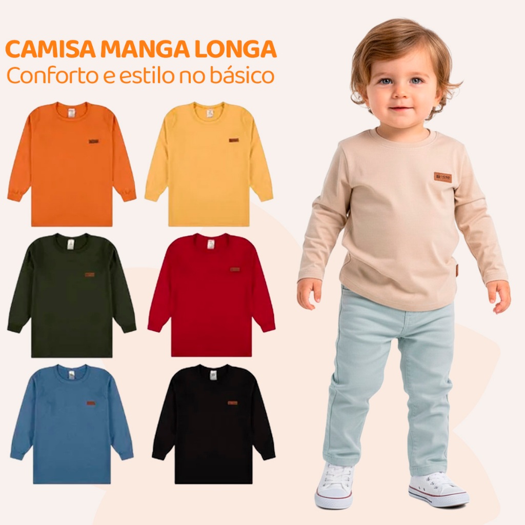 Kit 3 Camisetas Manga Longa Infantil Bebê Menino Básica Lisa Tamanho 2 ao 10