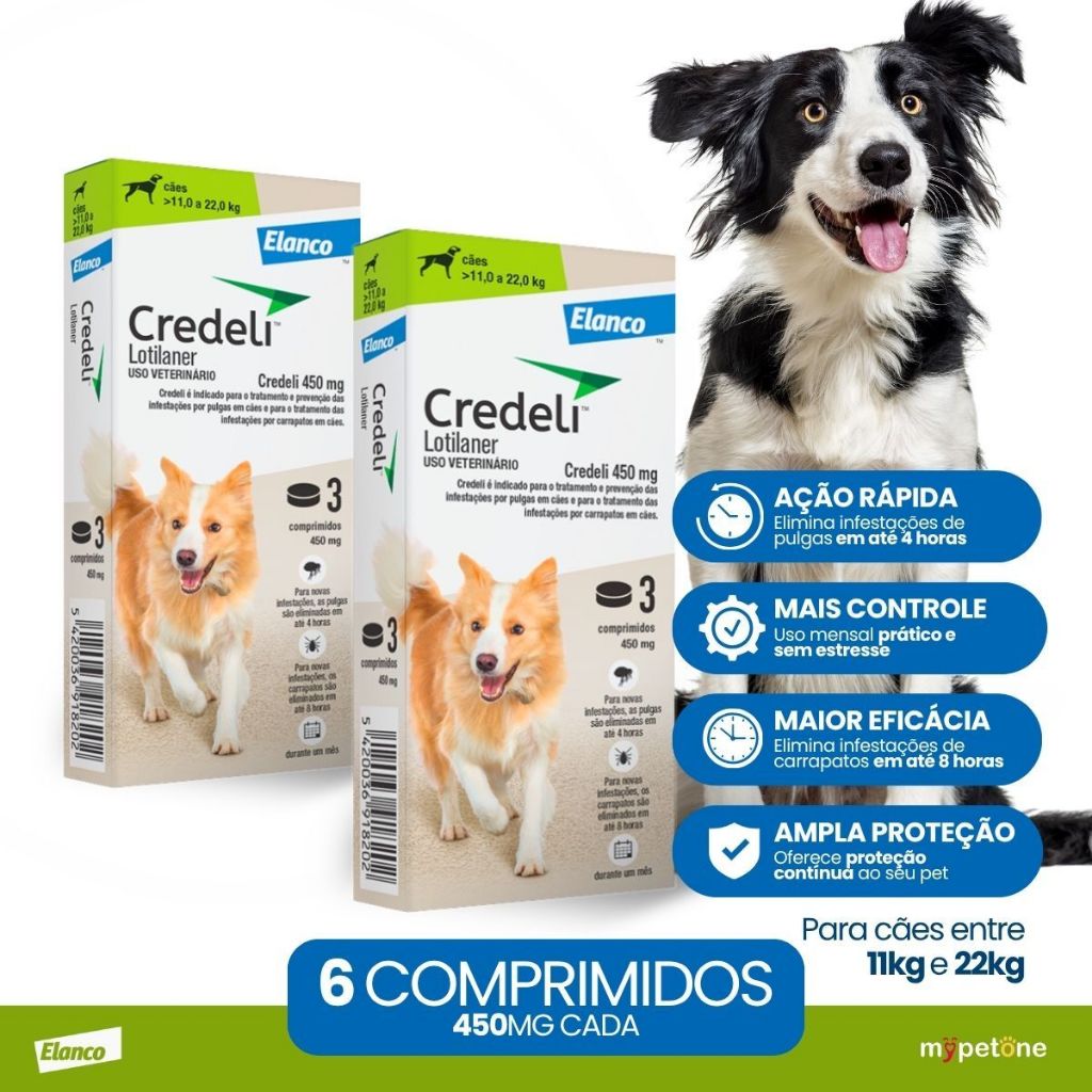 Kit 2 Antipulgas e Carrapatos Elanco Credeli para Cães de 11 a 22 Kg 450 mg - 3 Comprimidos