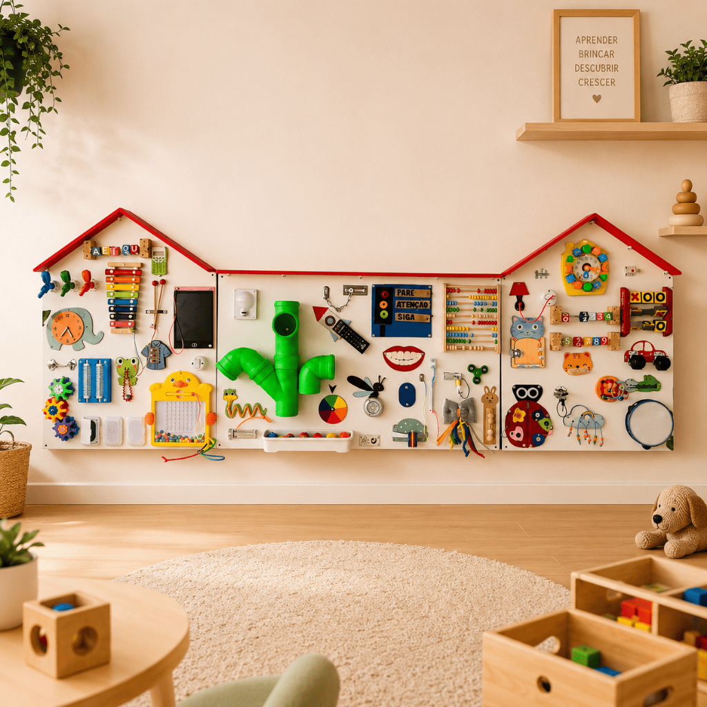 Painel Sensorial Montessoriano Educativo / Placa de Atividades/ Grande Vila - com 220x80cm