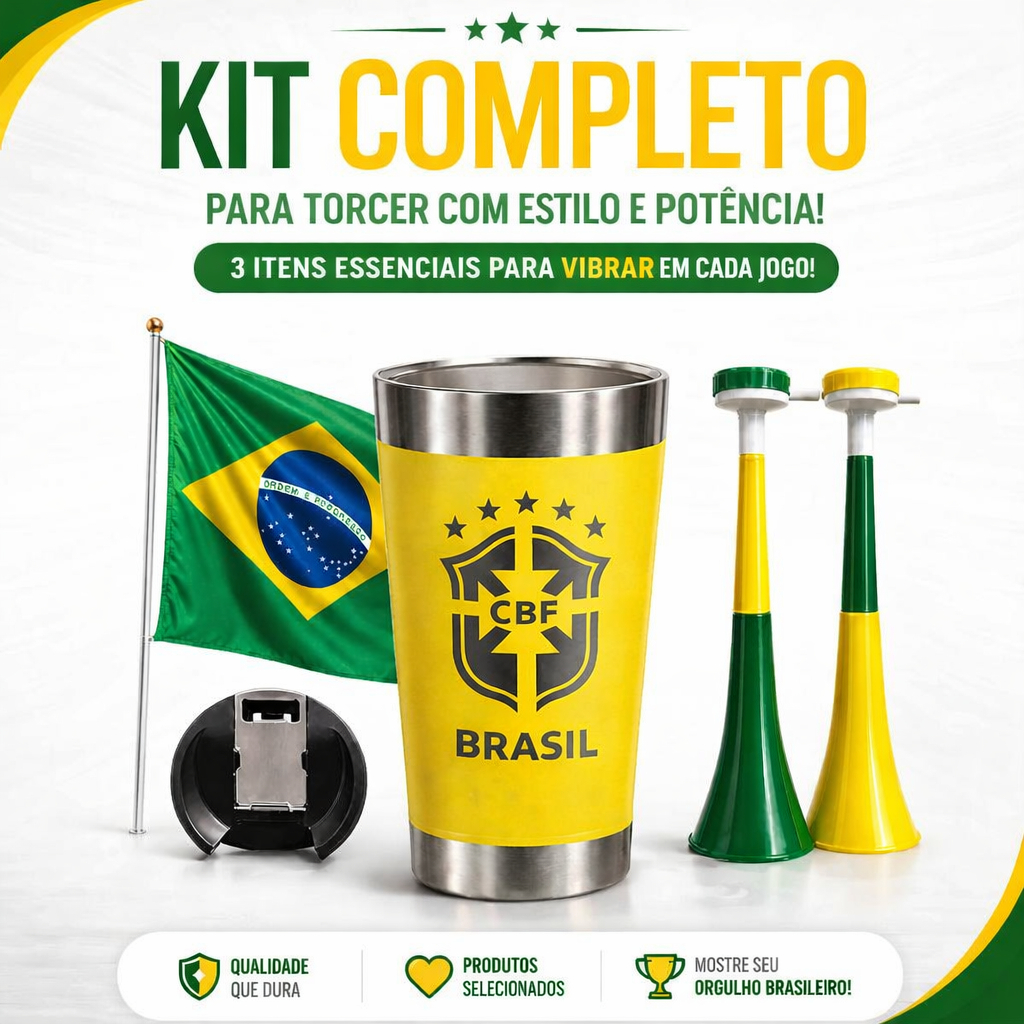 Kit Torcedor Torcida Amarelo Completo Copo Térmico + Bandeira Grande + Corneta Jogos copa