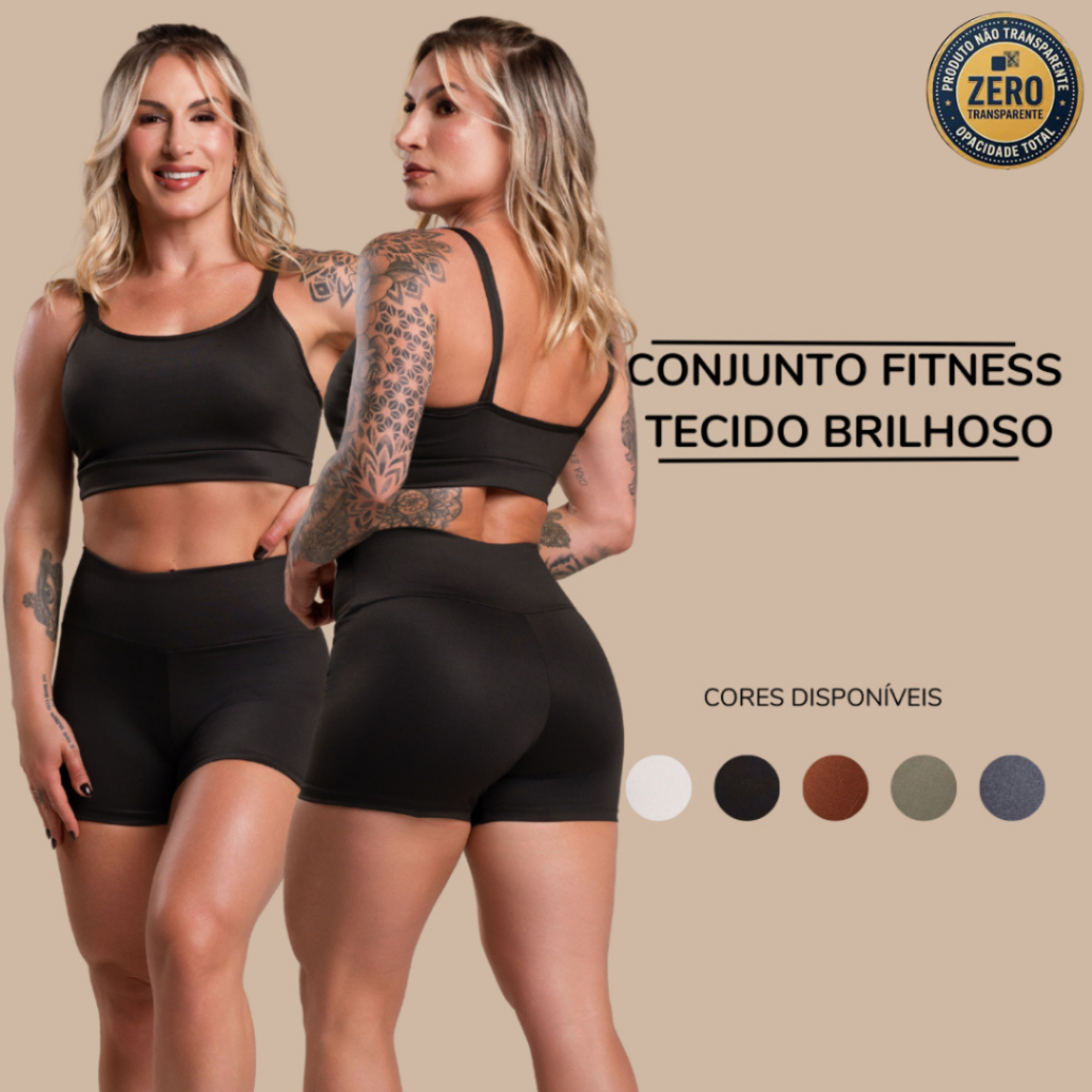 Conjunto Fitness Feminino Brilhoso Academia Top Cropped Alcinha e Short Liso Cintura Alta Brilho ZERO TRANSPARÊNCIA