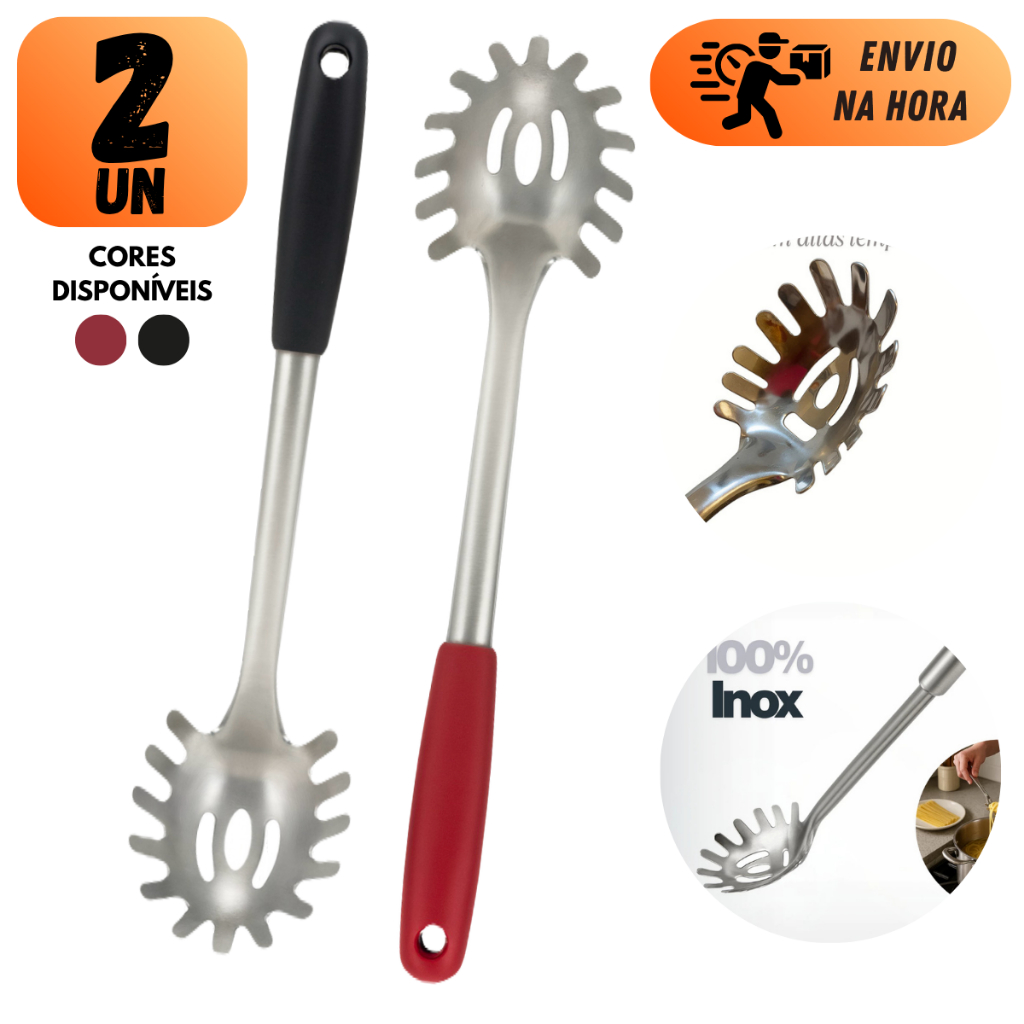 Kit 2 Pegador Macarrão Massa Aço Inox 29cm Cabo Plástico Cozinha Restaurante Buffet Utensílio Servir