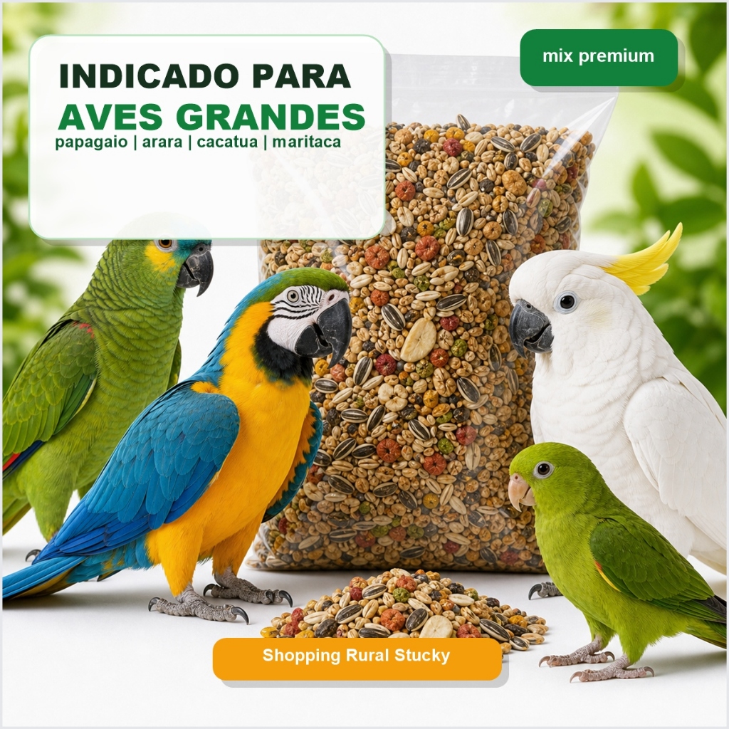 Mistura Ração PREMIUM para Papagaio Arara Cacatua e Maritaca 1kg 2kg 3kg 5kg - Sementes Selecionadas com Frutas