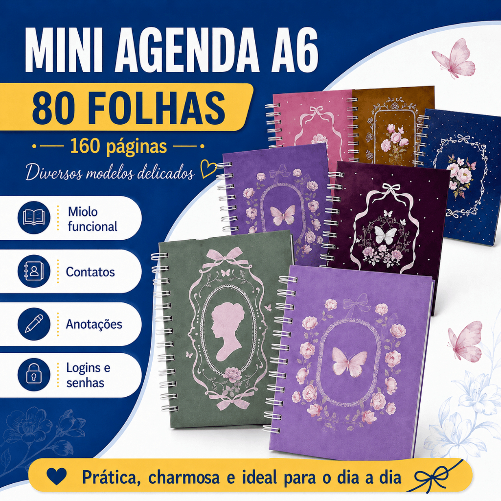 Mini Agenda A6 Caderno Bloco de Anotações 80 Folhas 160 Páginas com Miolo Funcional