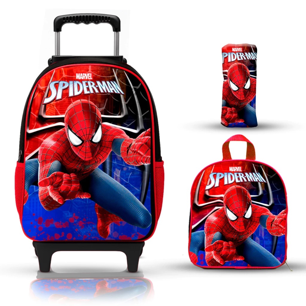 Kit Mochila Homem Aranha Rodinhas Escolar Lancheira Estojo Menino Reforçada Confortável Infantil
