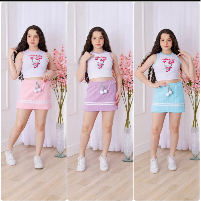conjunto infantil  menina jovem hello kitty shorts saia e blusinha confortável e estiloso