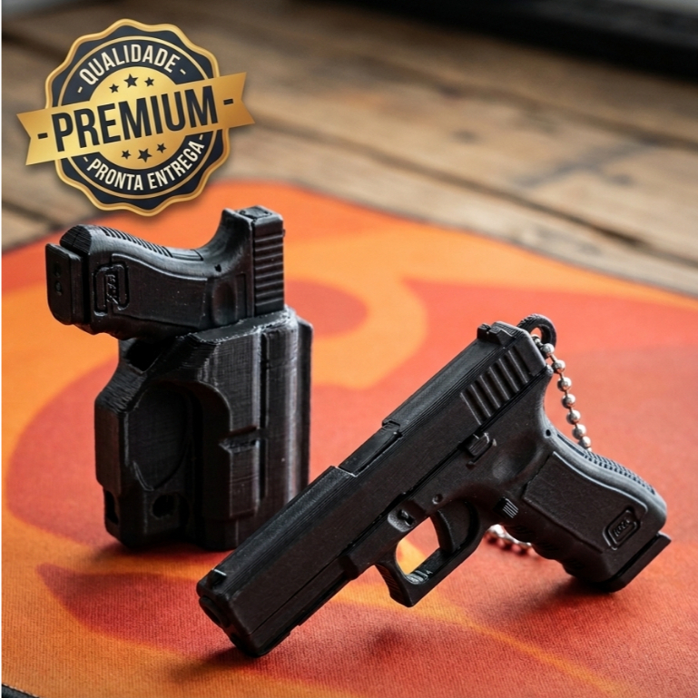 Miniatura Tática 3D Pistola Com Coldre Chaveiro Colecionável Premium - Envio Imediato Kit Completo