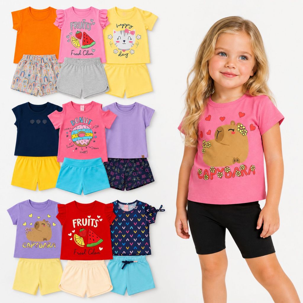 Kit Sortido 10 Peças de Roupas Infantil Menina 5 Camisetas + 5 Bermudas - Kit  5 Conjuntos Femininos